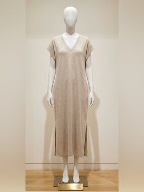 White House Black Market Heathered Biscotti w/ Gold V-Neck Midi Dress w/ Slit XL